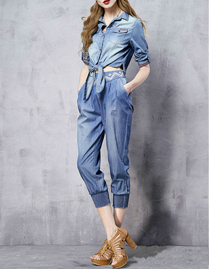 3/4 embroidered denim pants