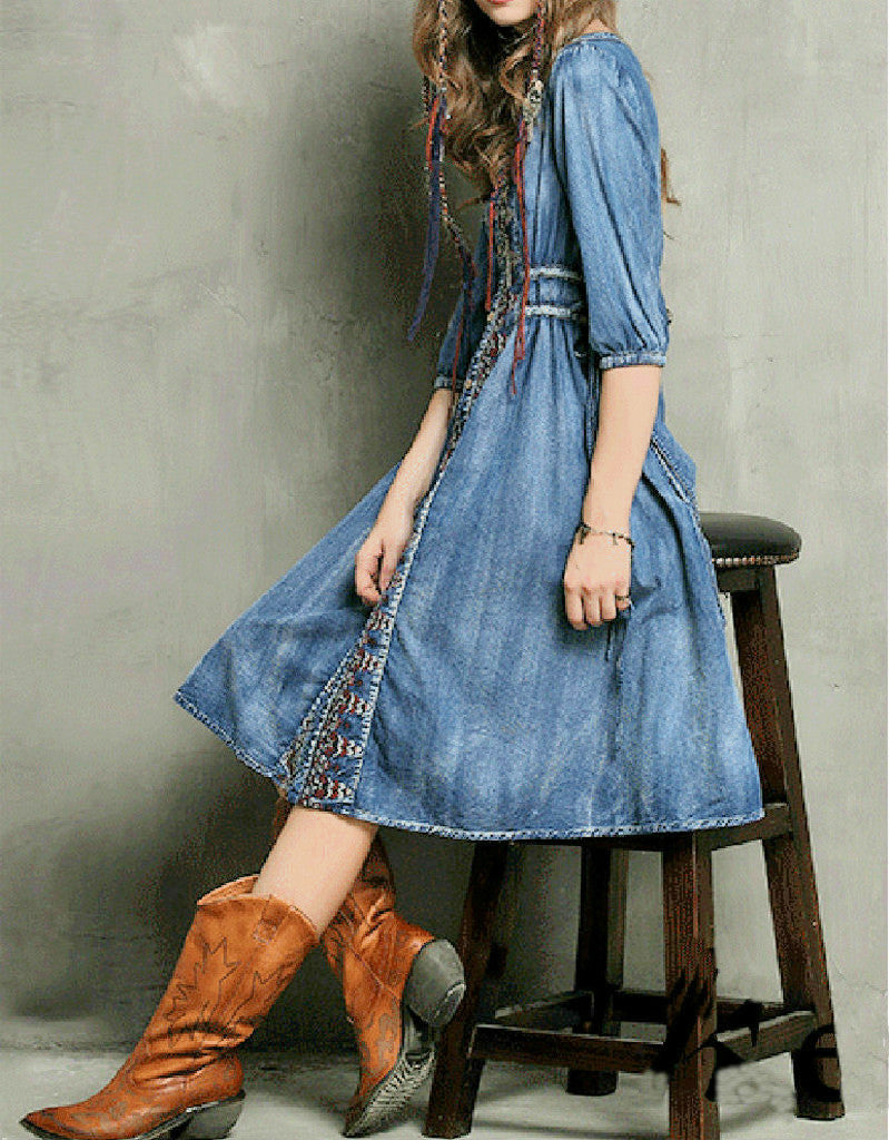 Mid-length sleeve front embroidery denim dress