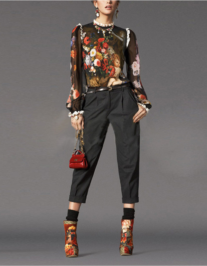 Long sleeve silk printed top