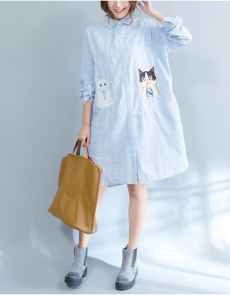 Oversized long sleeved striped shirt dress with kitty picture