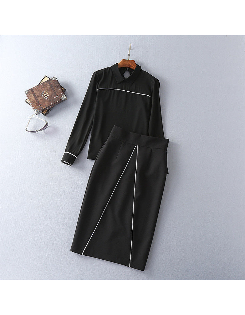 Long sleeve half chiffon top and tailored mid-length skirt