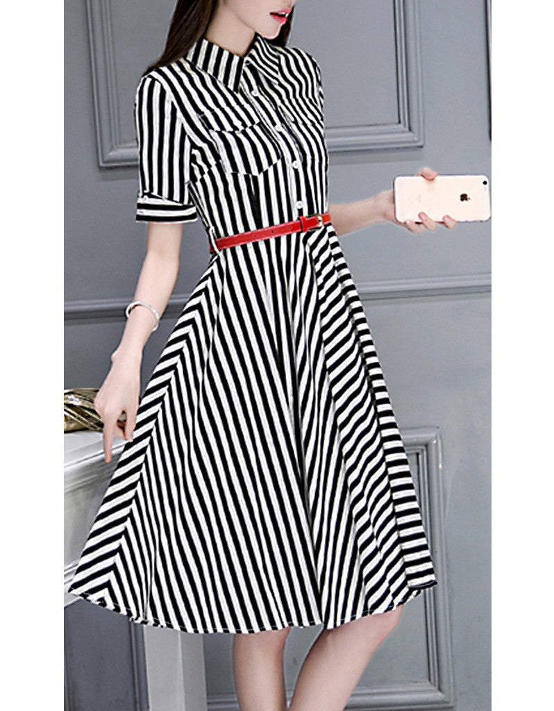 Short sleeve striped mid-length dress (More colours)