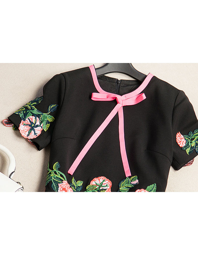 Short sleeve embroidered tailored mid-length dress (More colours)