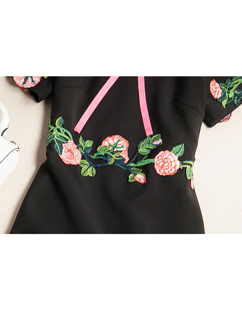 Short sleeve embroidered tailored mid-length dress (More colours)
