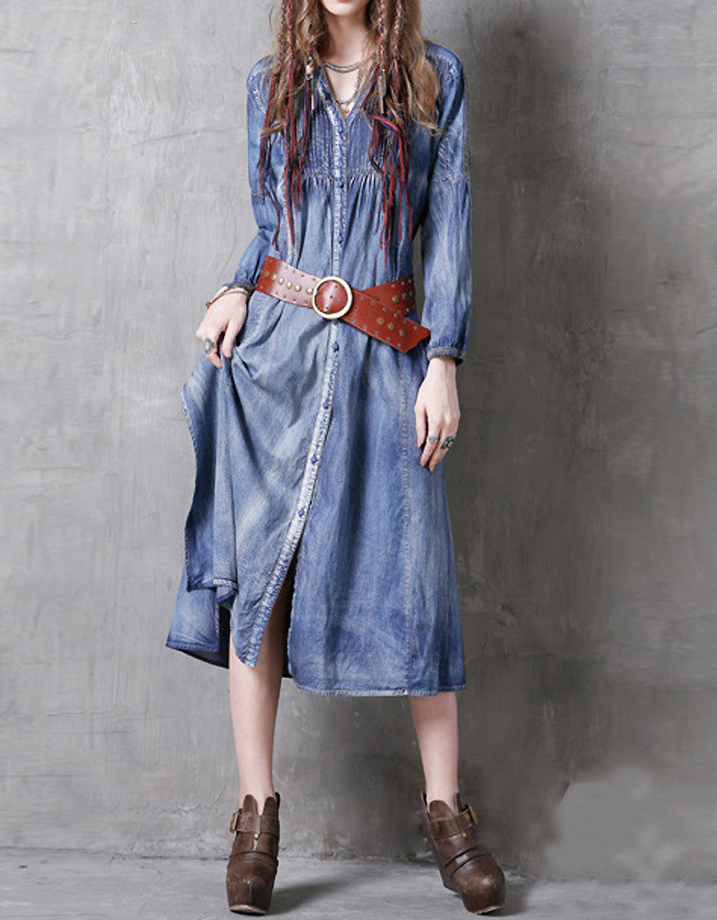 Long sleeve side-slit denim dress
