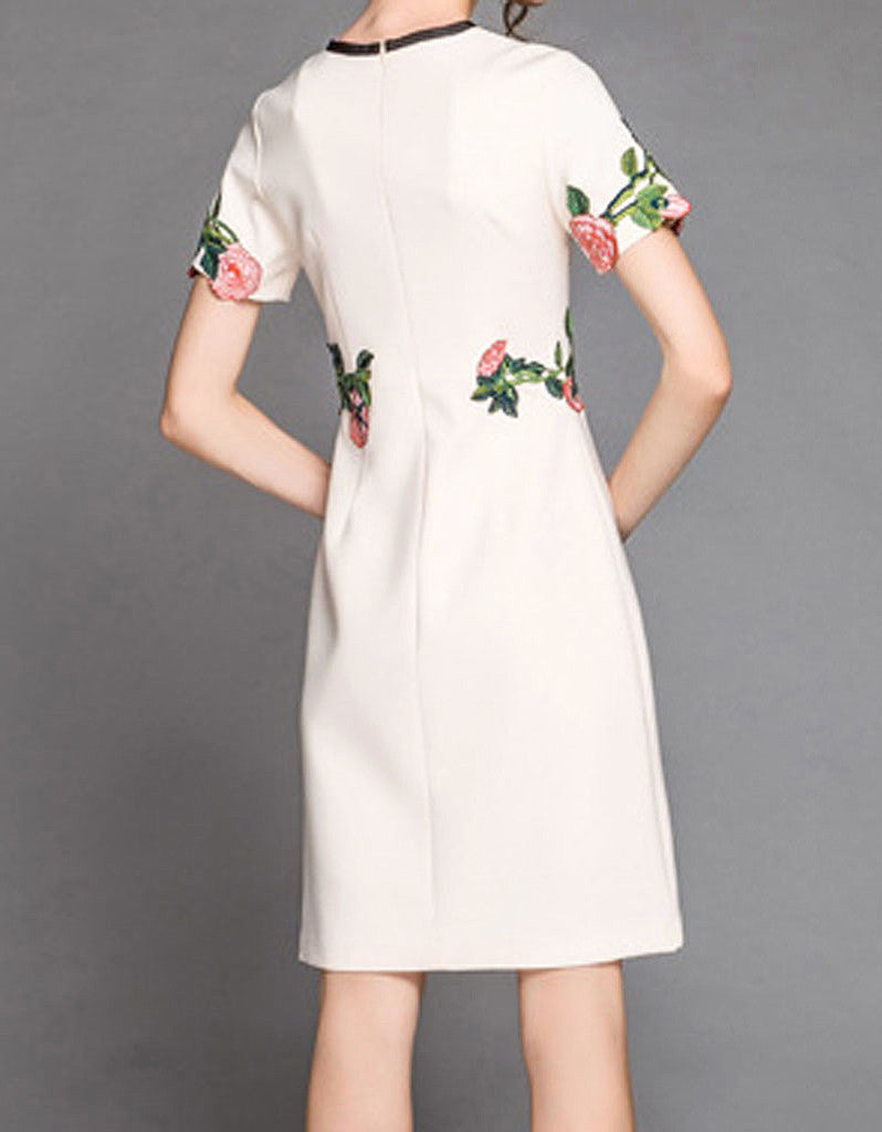 Short sleeve embroidered tailored mid-length dress (More colours)