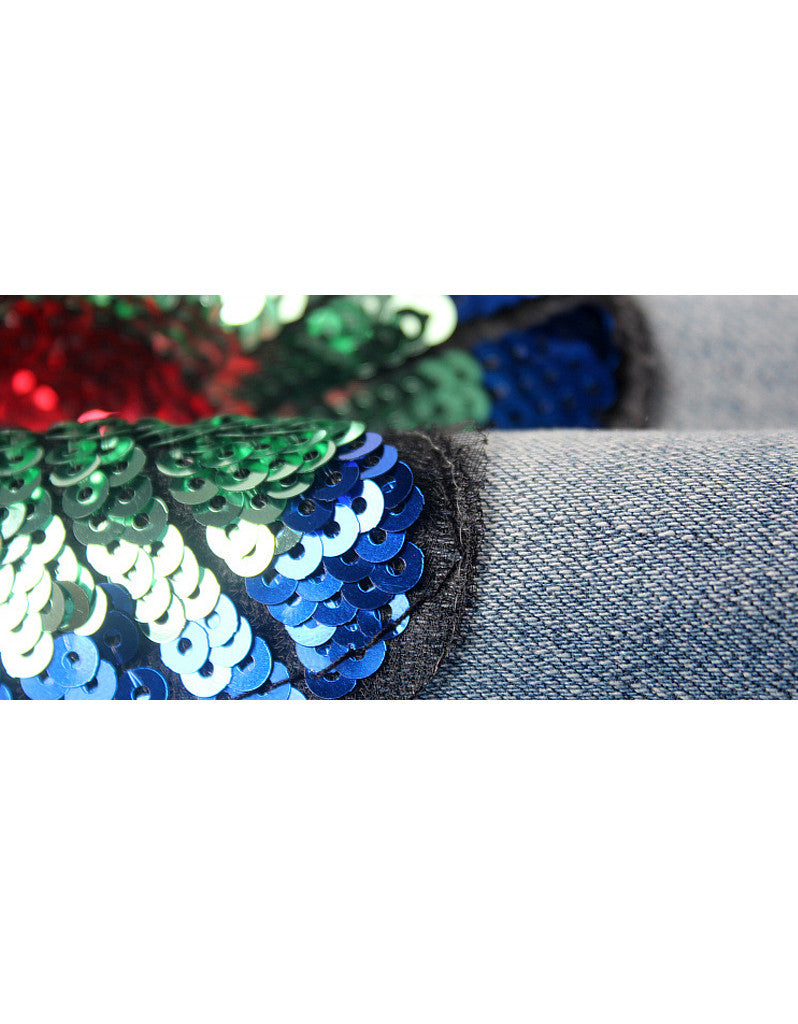 Jeans with sewn-on sequins and butterfly motifs