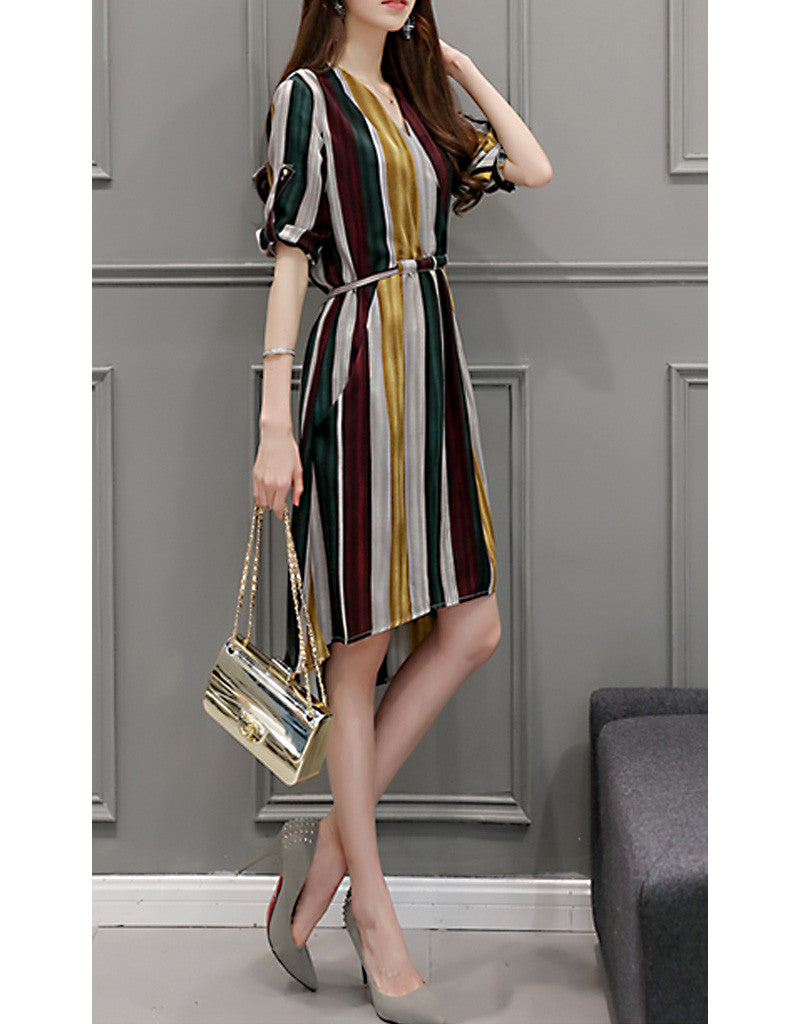 Multi-coloured striped dress with 3/4 sleeves