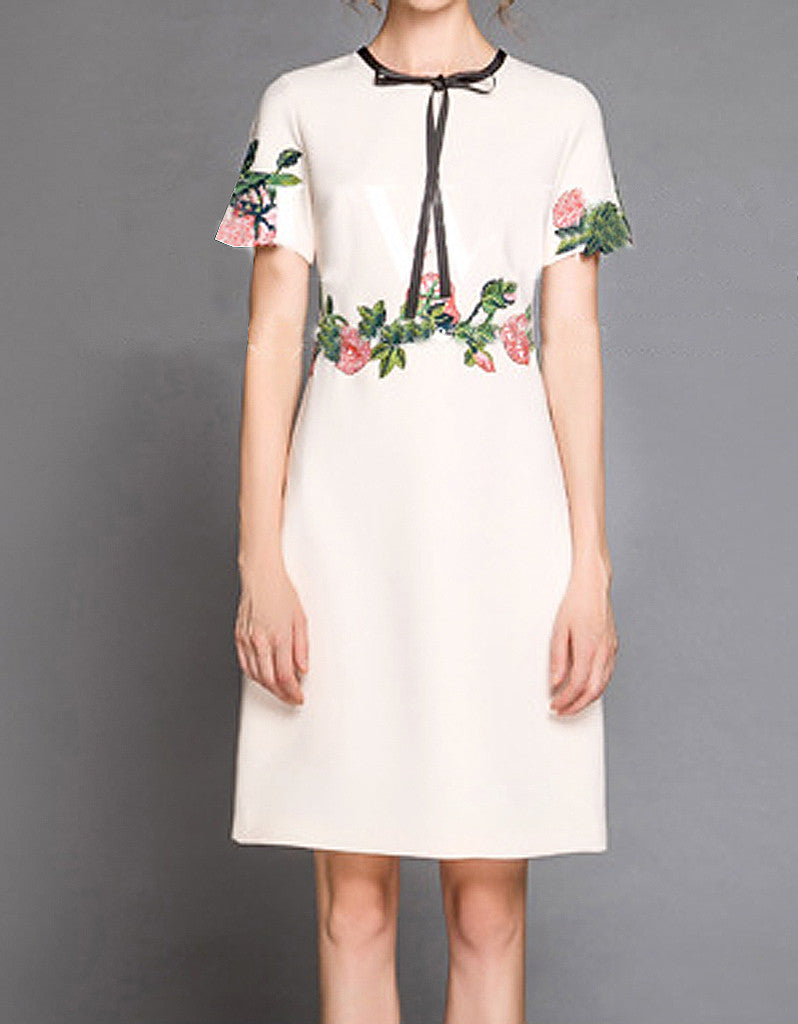 Short sleeve embroidered tailored mid-length dress (More colours)