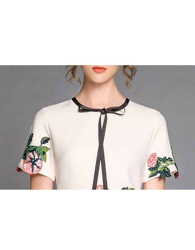 Short sleeve embroidered tailored mid-length dress (More colours)