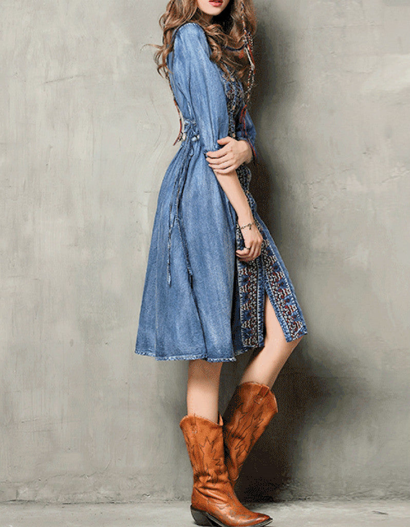 Mid-length sleeve front embroidery denim dress