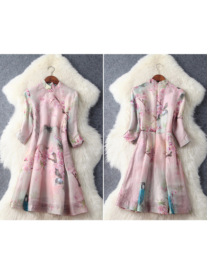 Mid-length sleeve A-line printed cheongsum