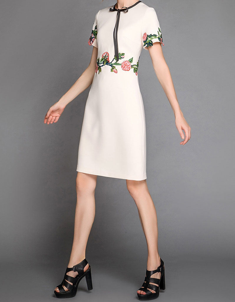 Short sleeve embroidered tailored mid-length dress (More colours)
