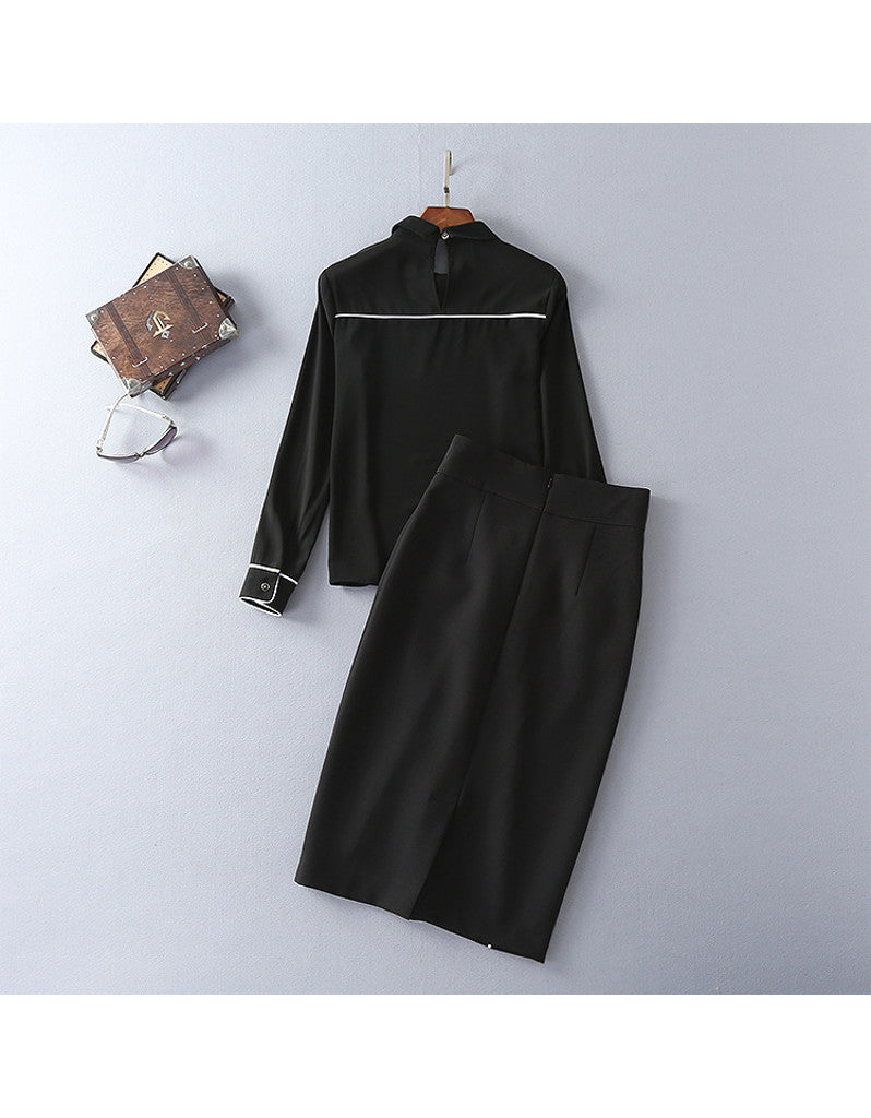 Long sleeve half chiffon top and tailored mid-length skirt