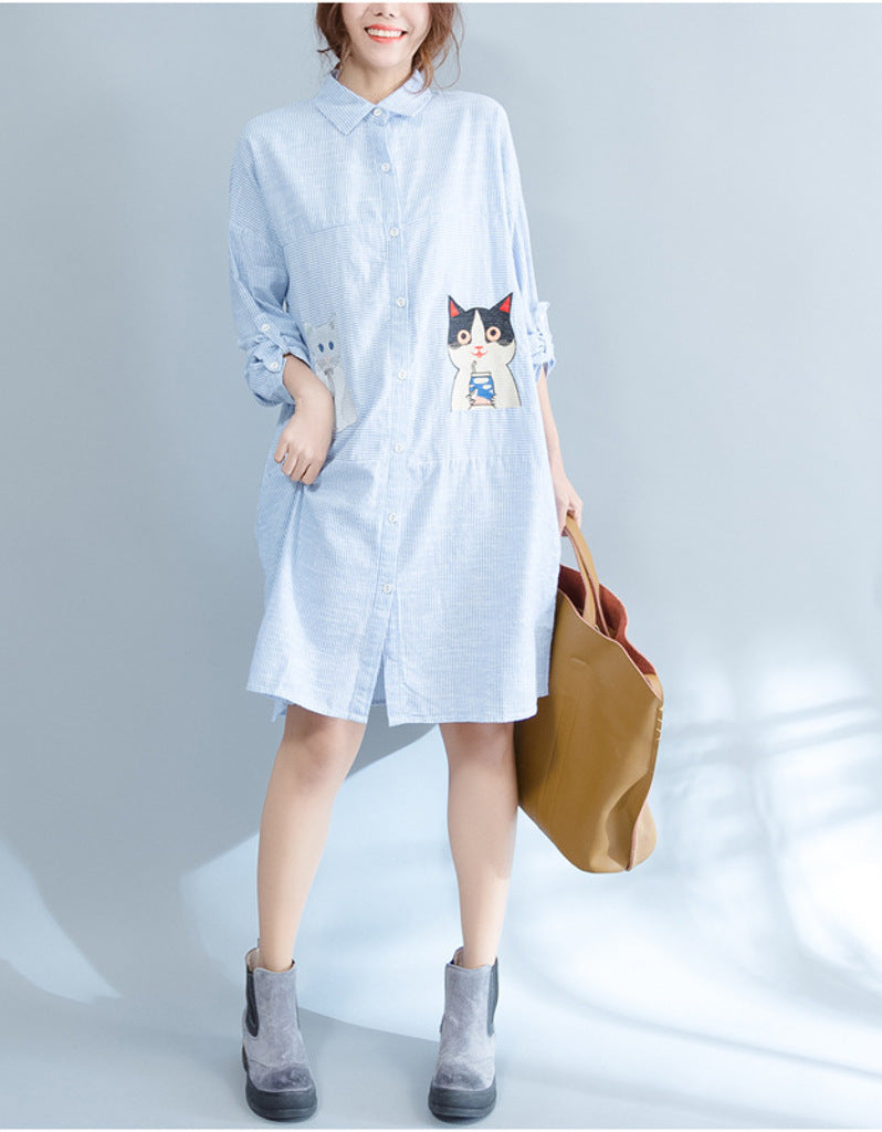 Oversized long sleeved striped shirt dress with kitty picture