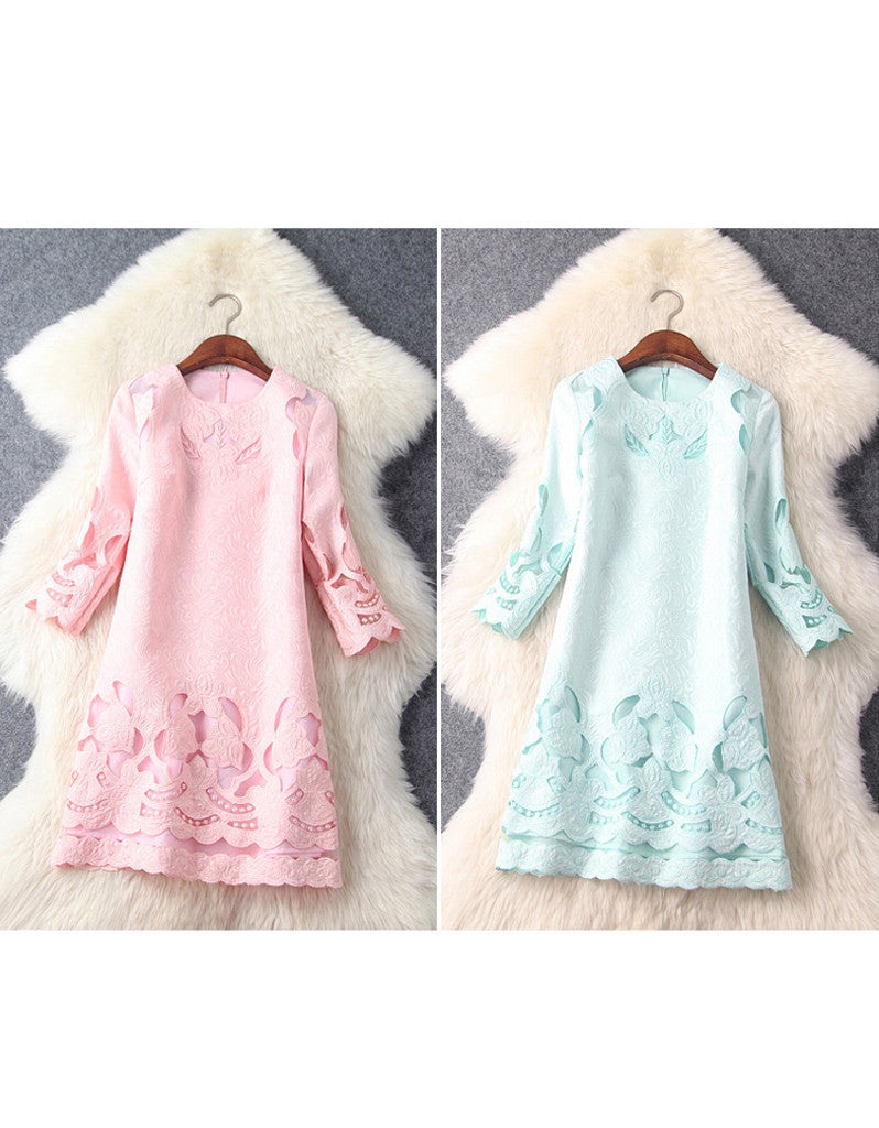 Mid-length sleeve with cut-out embroidery and lace short dress (More colours)
