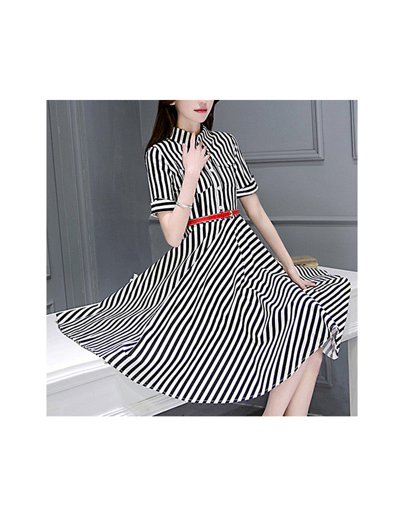 Short sleeve striped mid-length dress (More colours)