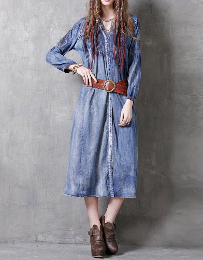 Long sleeve side-slit denim dress