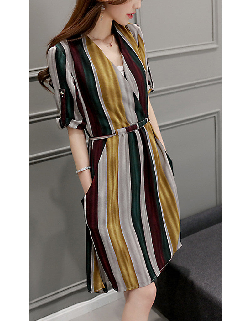 Multi-coloured striped dress with 3/4 sleeves