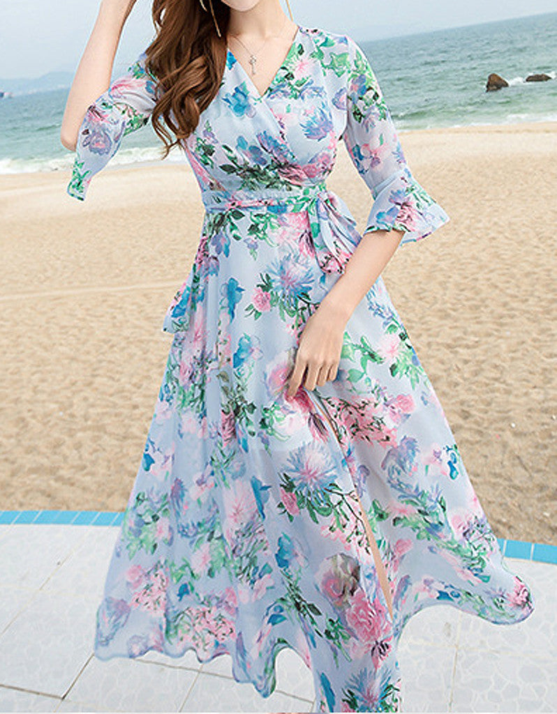 Floral mid-length sleeve floaty long dress