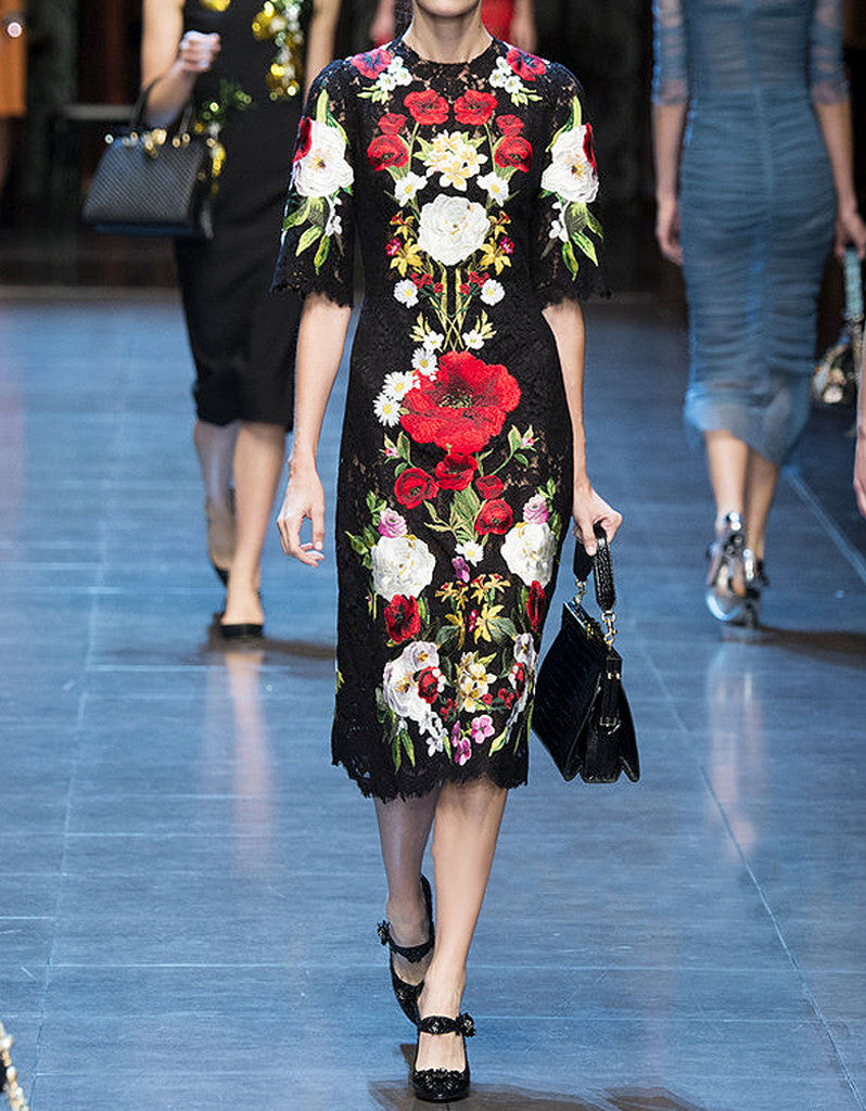 Mid-length sleeve embroidered long dress