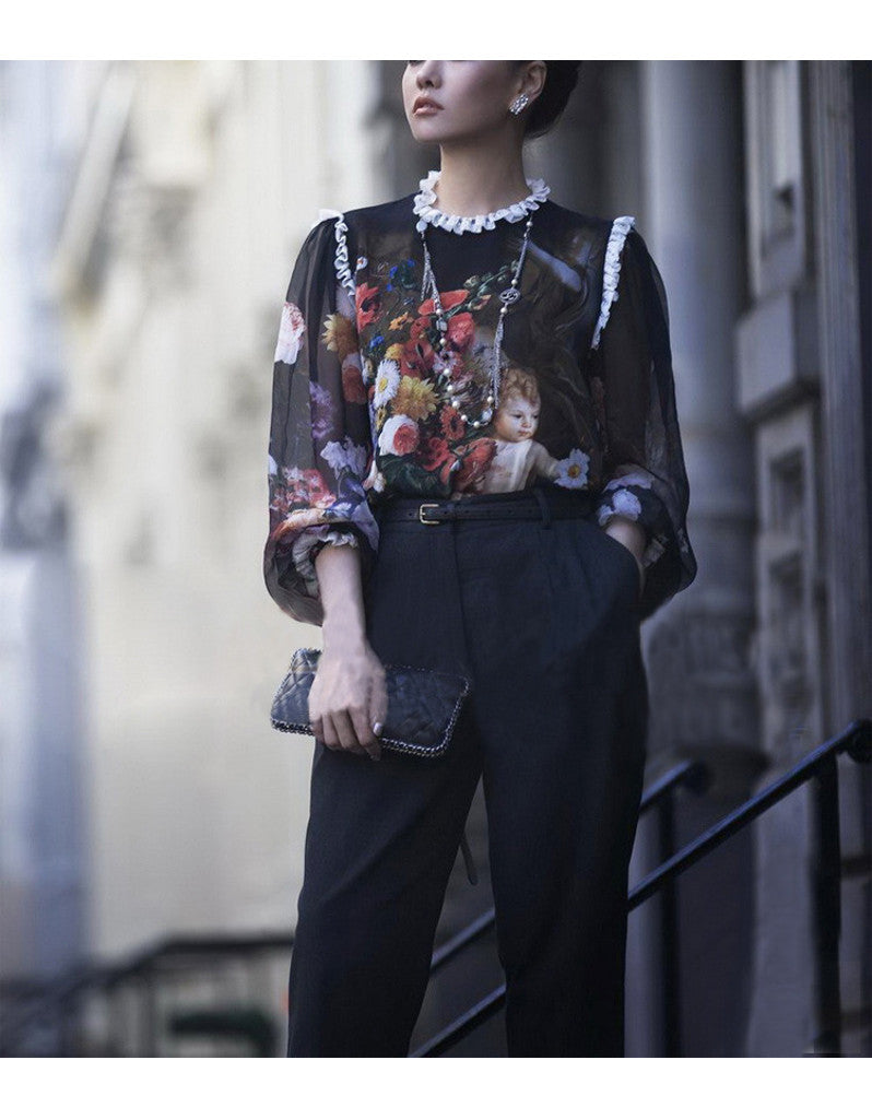 Long sleeve silk printed top