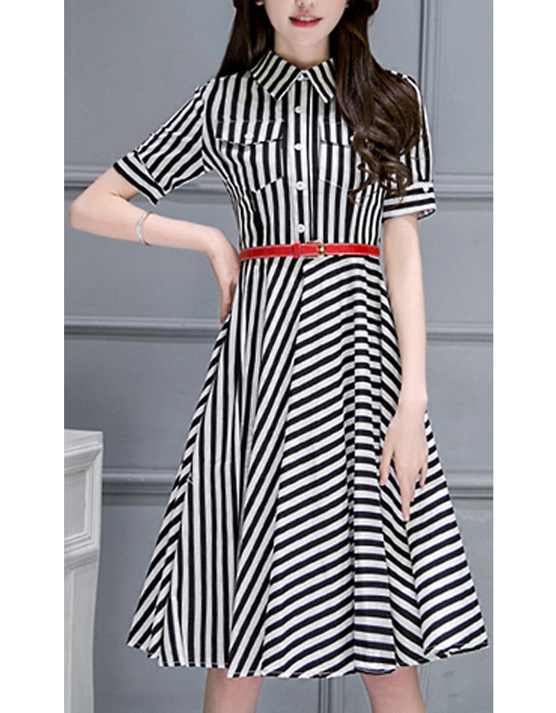 Short sleeve striped mid-length dress (More colours)