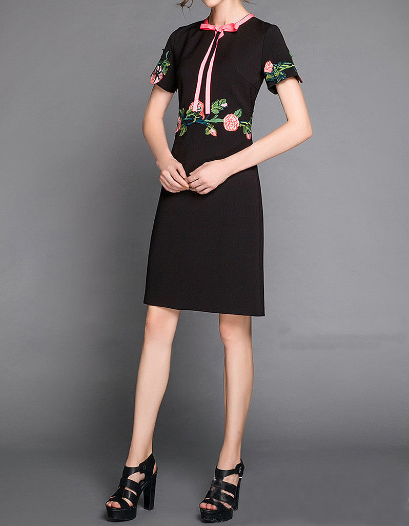 Short sleeve embroidered tailored mid-length dress (More colours)