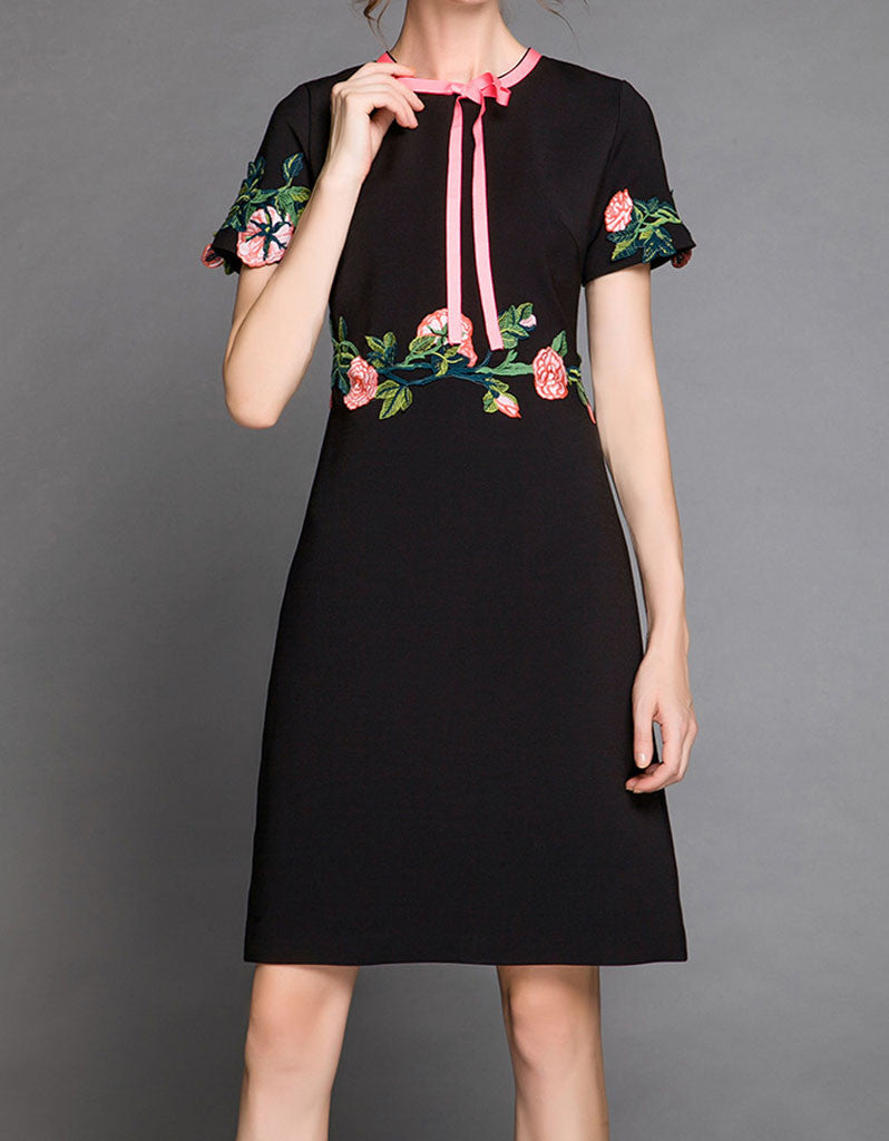 Short sleeve embroidered tailored mid-length dress (More colours)