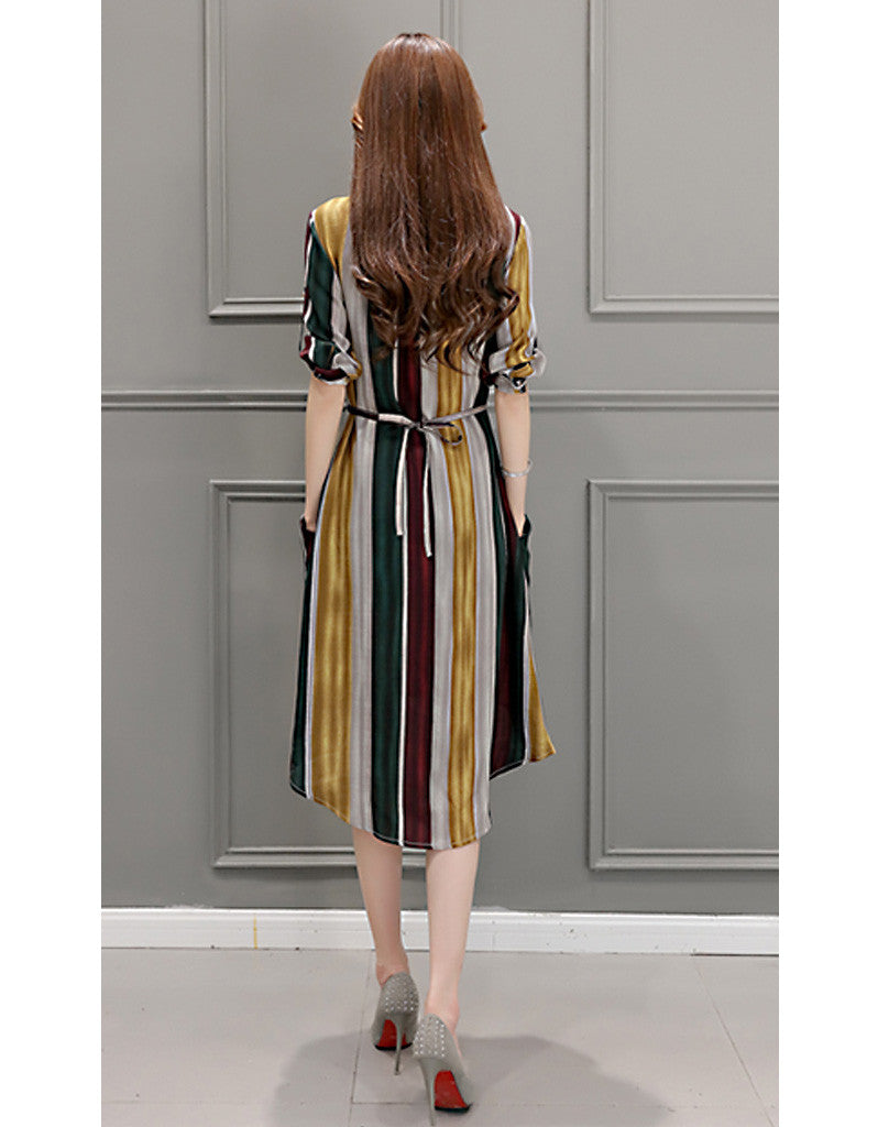 Multi-coloured striped dress with 3/4 sleeves