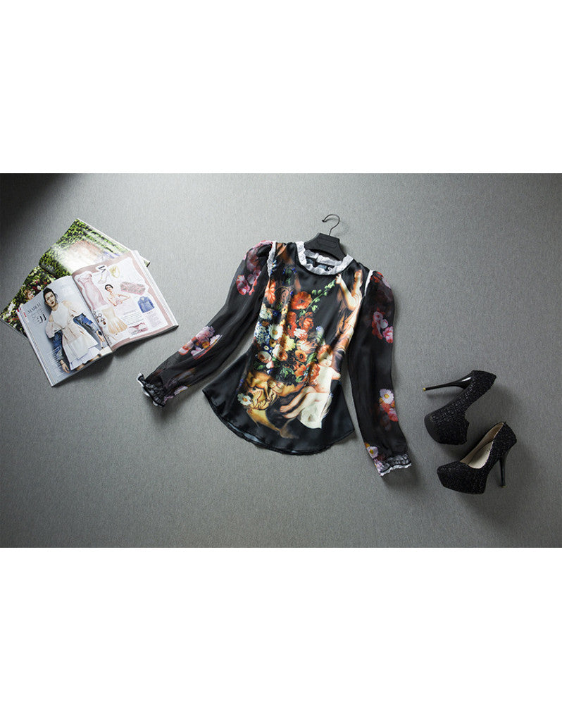 Long sleeve silk printed top