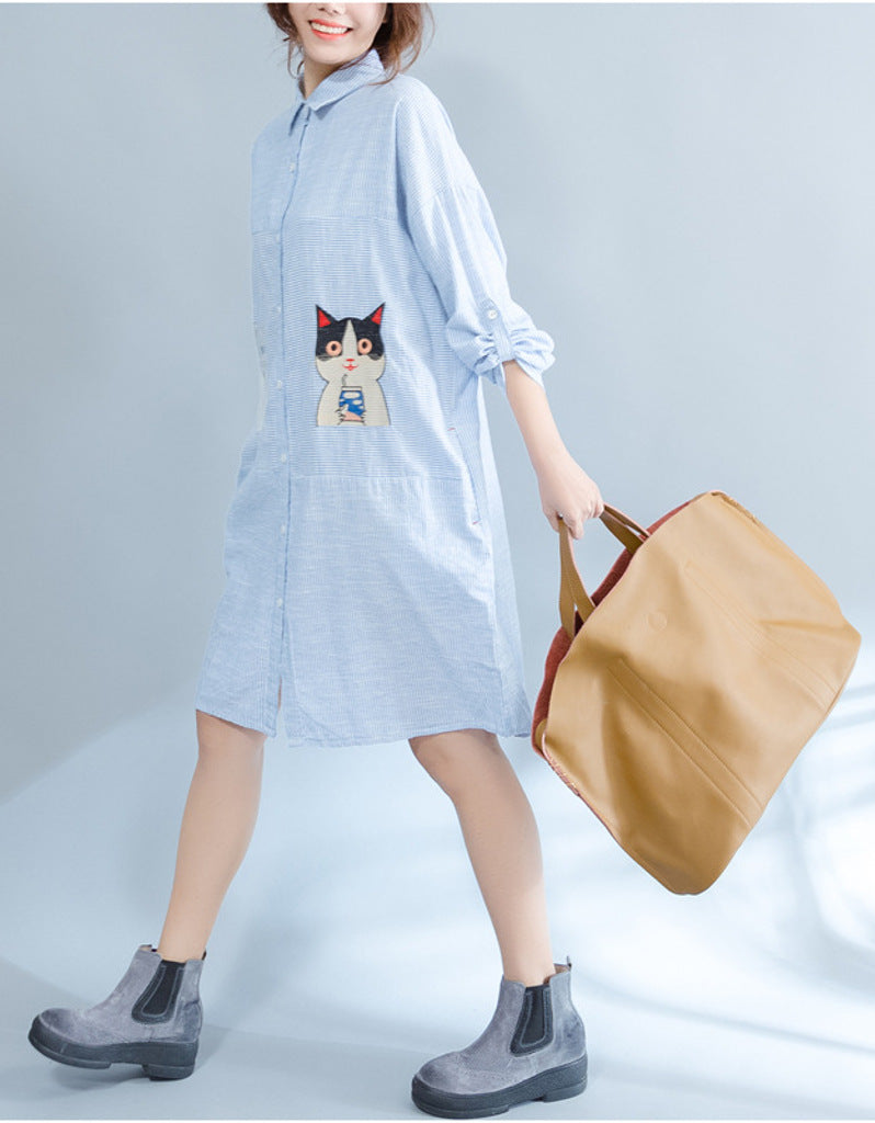 Oversized long sleeved striped shirt dress with kitty picture