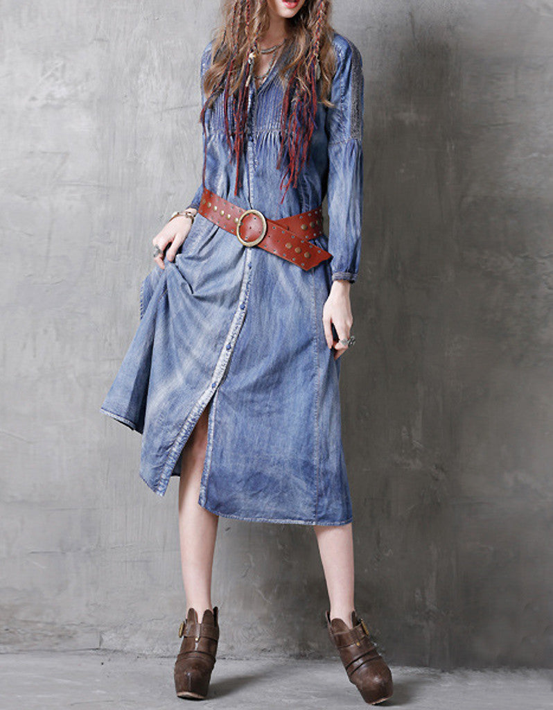 Long sleeve side-slit denim dress