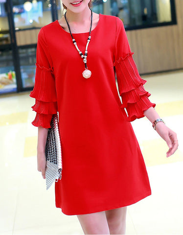 3/4 sleeve V-neck knitted pleated mid-length dress (More colours)