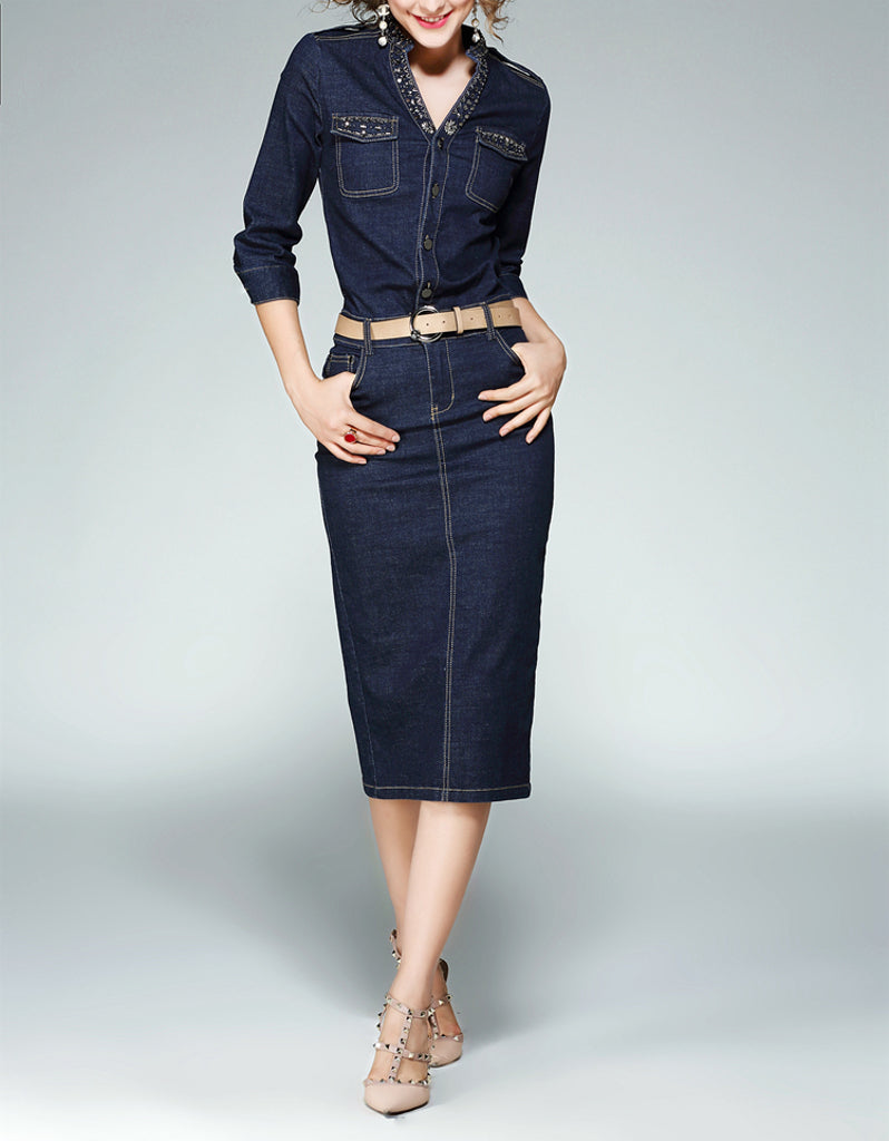 Embellished mid-length sleeve tailored denim mid-length dress