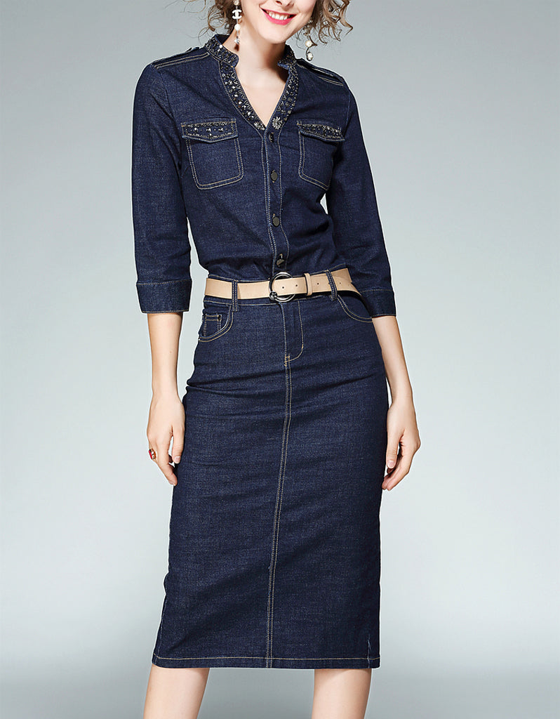 Embellished mid-length sleeve tailored denim mid-length dress
