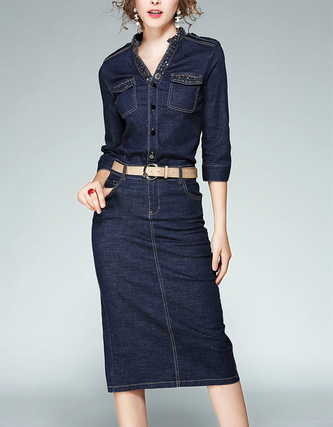 Embellished mid-length sleeve tailored denim mid-length dress – Sofiq