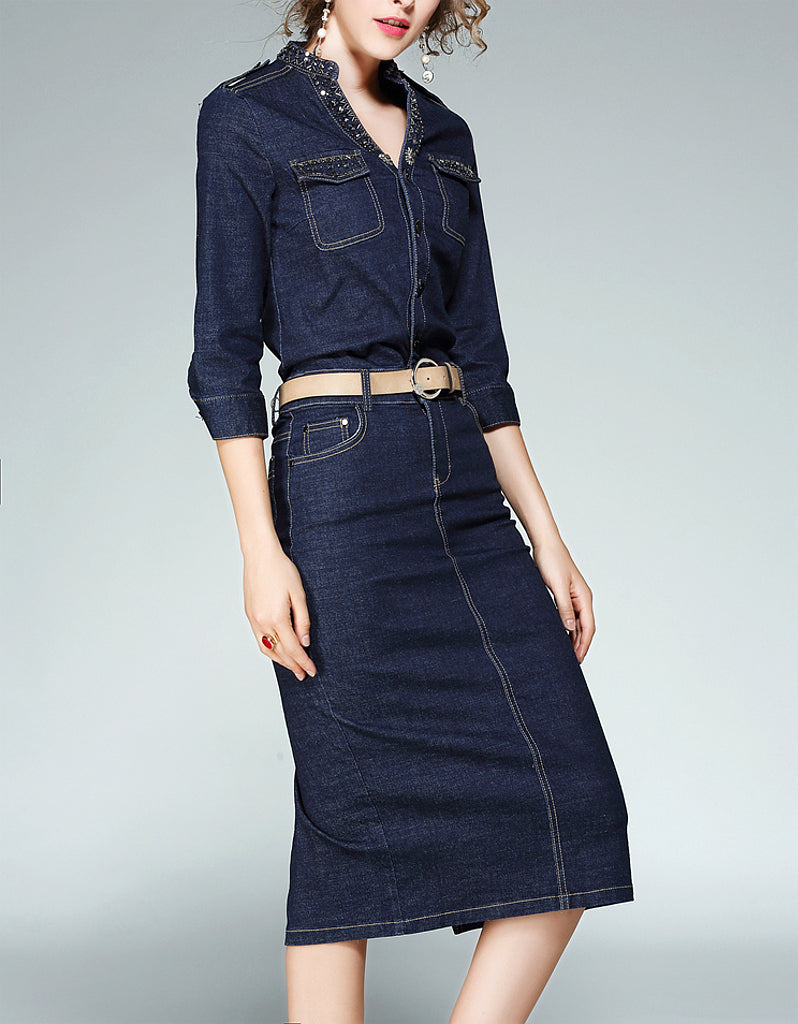 Embellished mid-length sleeve tailored denim mid-length dress