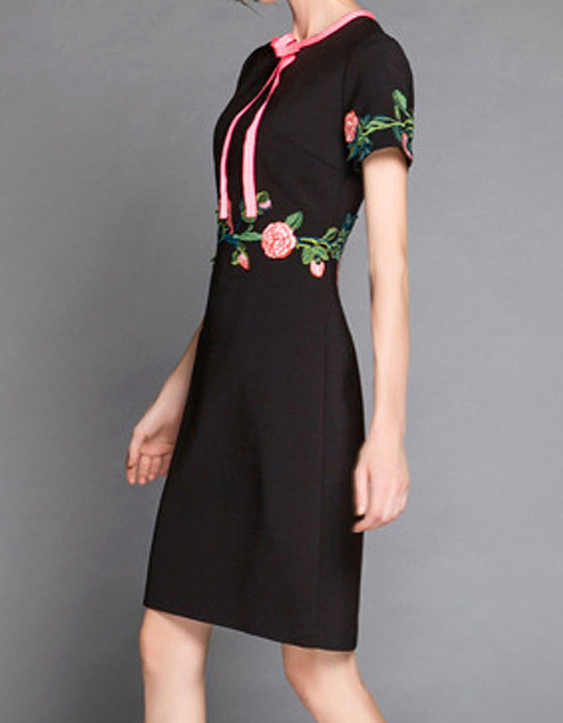 Short sleeve embroidered tailored mid-length dress (More colours)