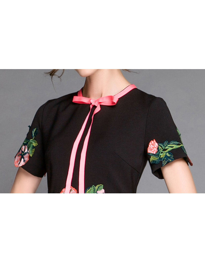 Short sleeve embroidered tailored mid-length dress (More colours)