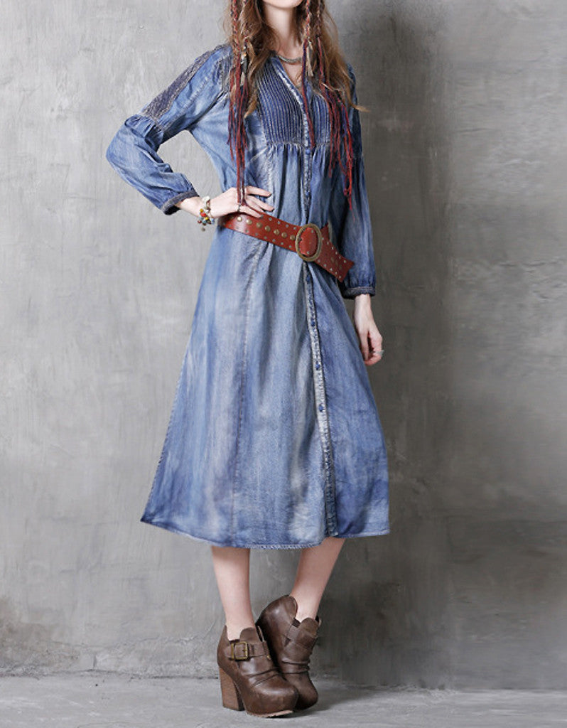 Long sleeve side-slit denim dress