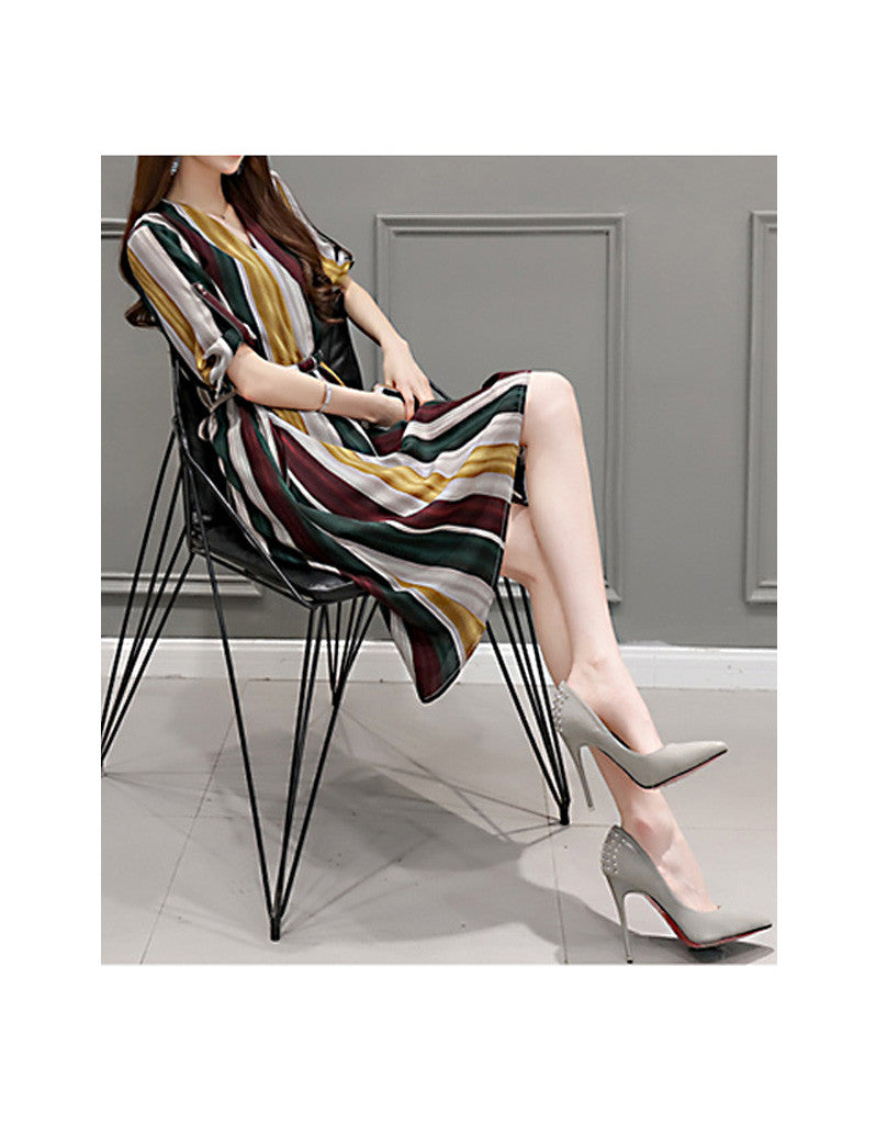 Multi-coloured striped dress with 3/4 sleeves