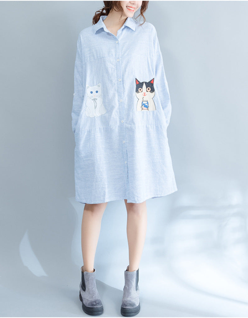 Oversized long sleeved striped shirt dress with kitty picture