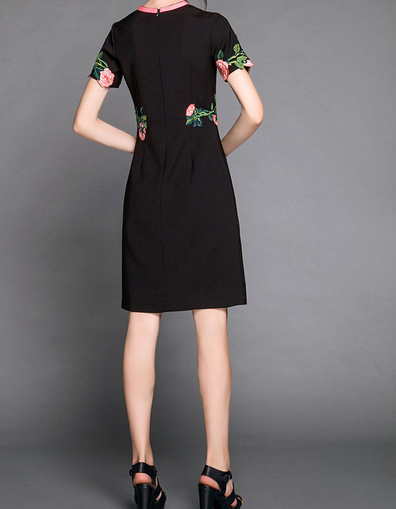 Short sleeve embroidered tailored mid-length dress (More colours)