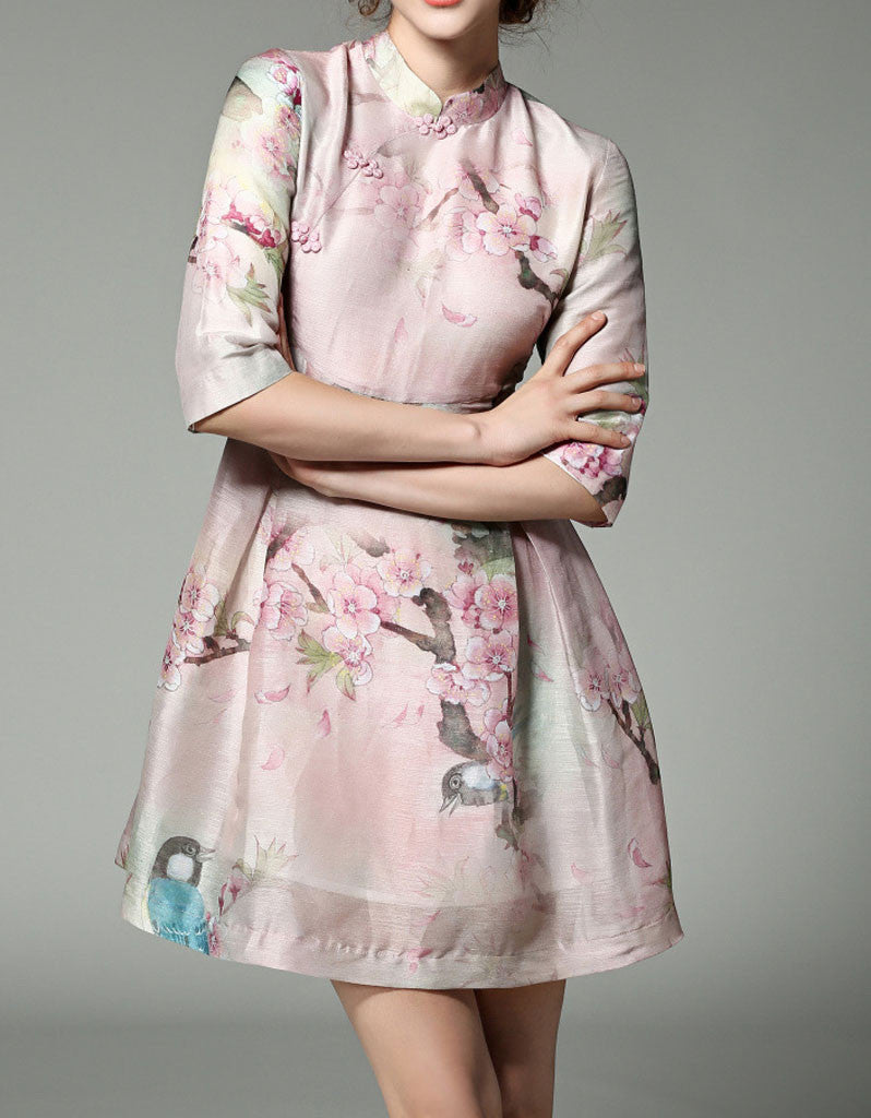 Mid-length sleeve A-line printed cheongsum