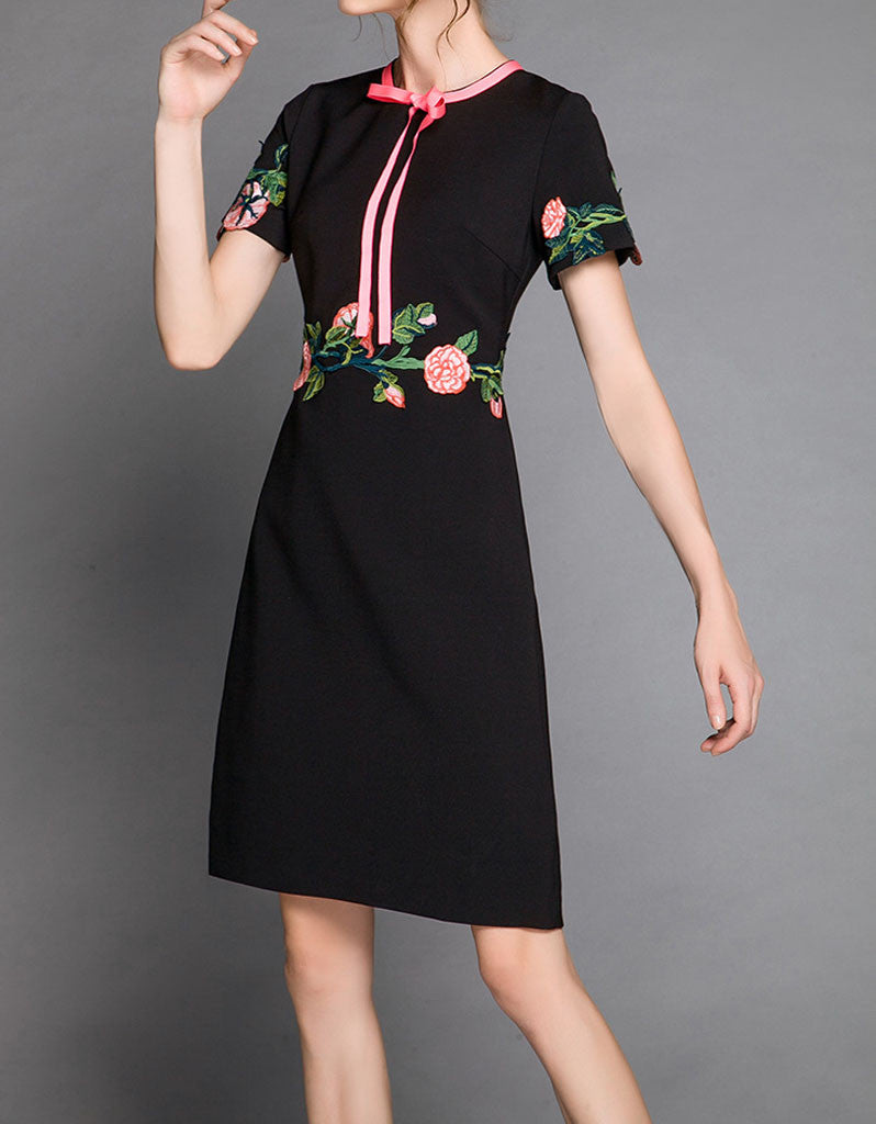 Short sleeve embroidered tailored mid-length dress (More colours)