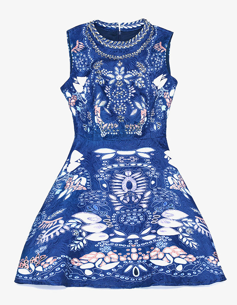 Sleeveless beaded, embroidered & printed short dress with rhinestones