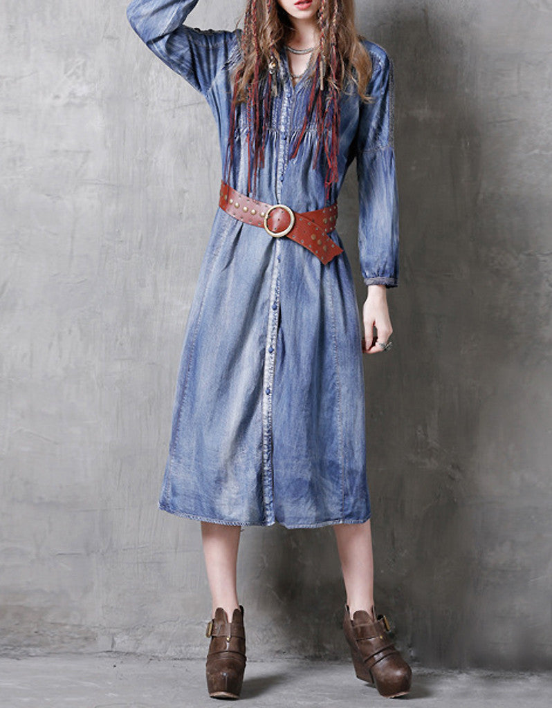 Long sleeve side-slit denim dress