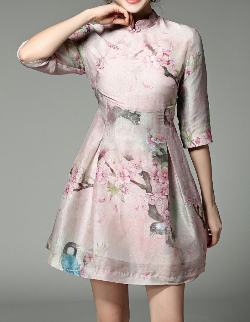 Mid-length sleeve A-line printed cheongsum