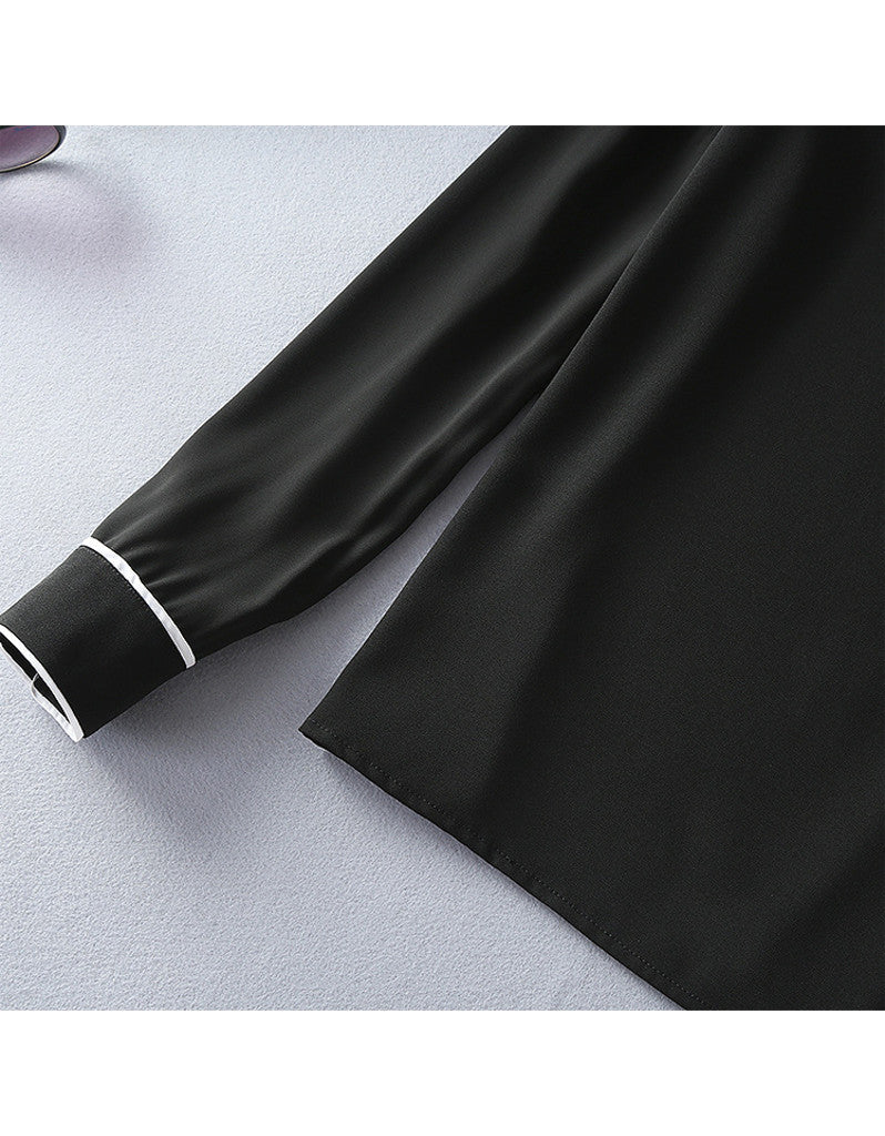 Long sleeve half chiffon top and tailored mid-length skirt